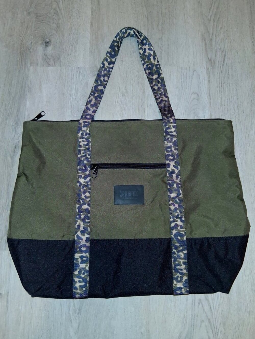 Victoria's Secret PINK Army Green Olive Green Black Leopard Print Large Tote Bag